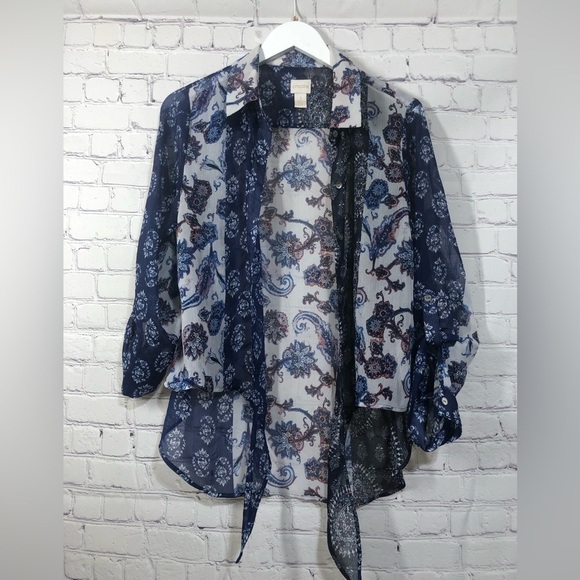 Chico’s top button down sheer blue mosaic - Picture 1 of 8